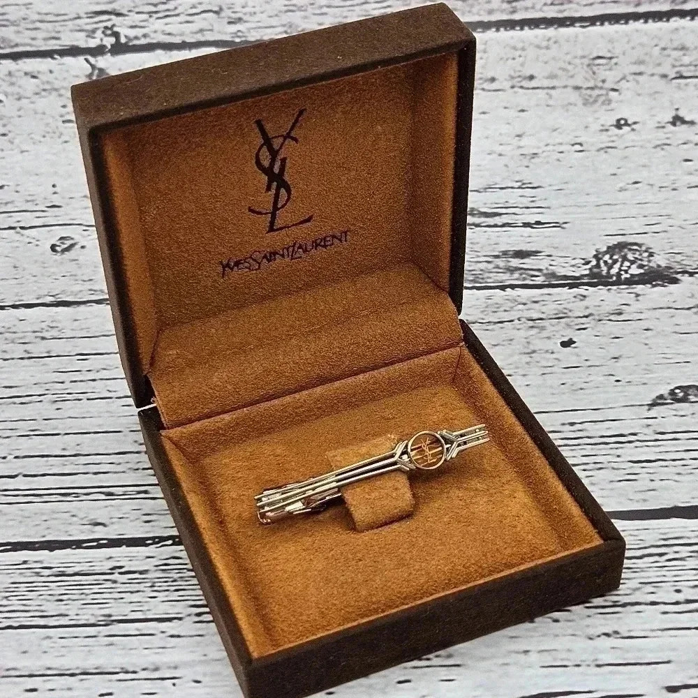 RARE Yves Saint Laurent YSL logo amber transparent window gold tone tie clip